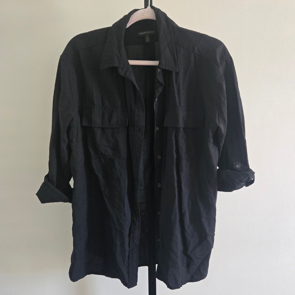 Banana Republic Black Utility Button Down Shirt Petite M Long Sleeve Roll Tab